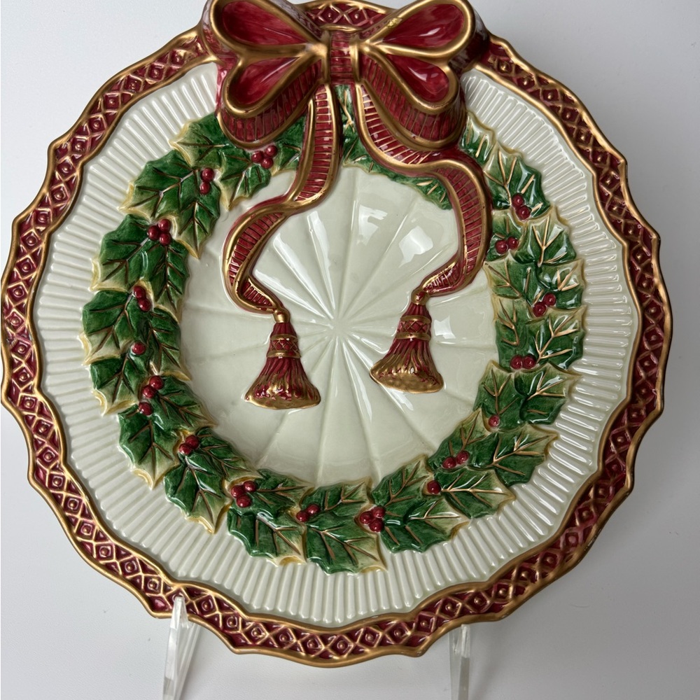 Fitz and Floyd Holiday Wreath Bowl with Red and Green Bow